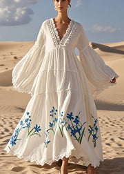 Elegant White V Neck Print Cotton Vacation Dresses Flare Sleeve