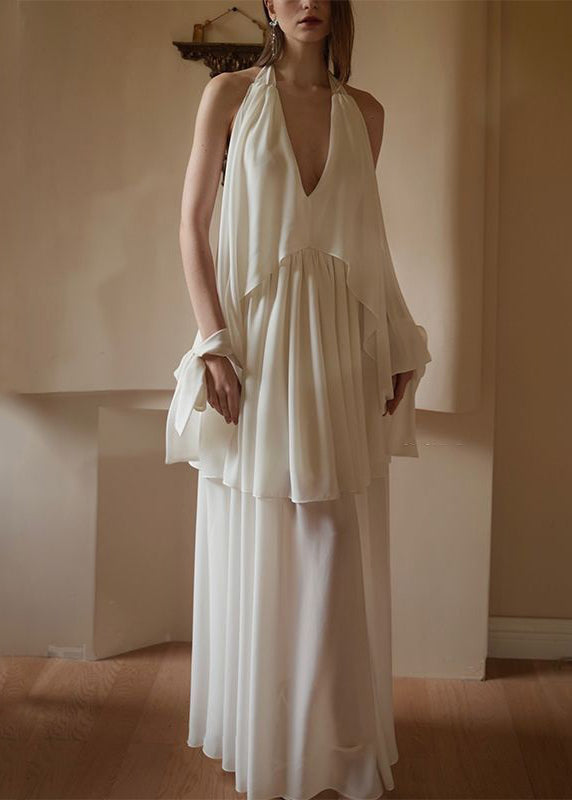 Elegant White V Neck Wrinkled Chiffon Dress Sleeveless