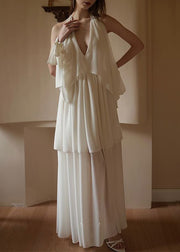 Elegant White V Neck Wrinkled Chiffon Dress Sleeveless