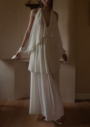 Elegant White V Neck Wrinkled Chiffon Dress Sleeveless