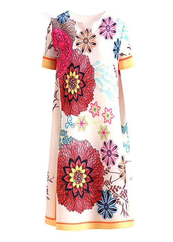 Elegant White V Neck Wrinkled Print Side Open Silk Maxi Dresses Short Sleeve