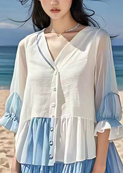 Elegant White Wrinkled Button Chiffon Long Dress Flare Sleeve