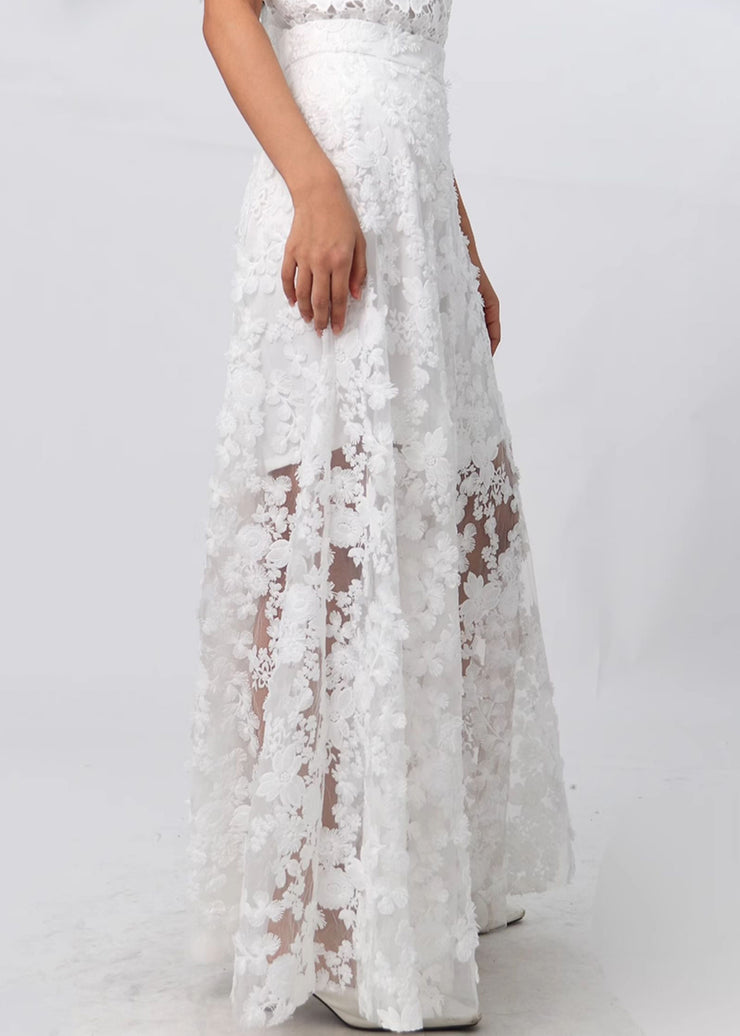 Elegant White Zippered High Waist Lace Skirt Summer