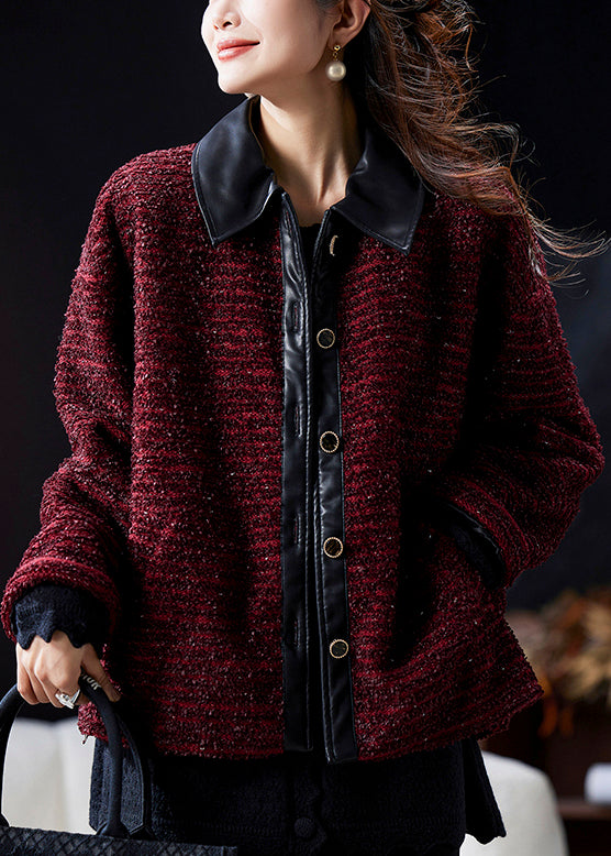 Elegant Wine Red Peter Pan Collar Button Patchwork Parkas Winter