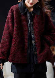 Elegant Wine Red Peter Pan Collar Button Patchwork Parkas Winter