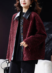 Elegant Wine Red Peter Pan Collar Button Patchwork Parkas Winter