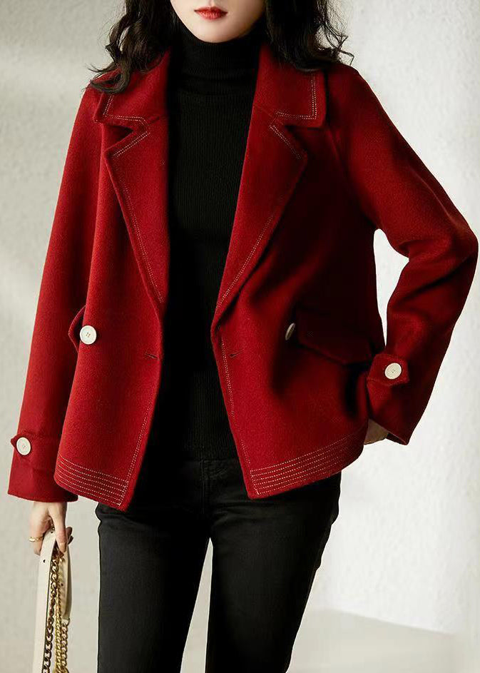 Elegant Wine Red Peter Pan Collar Button Patchwork Woolen Coats Fall