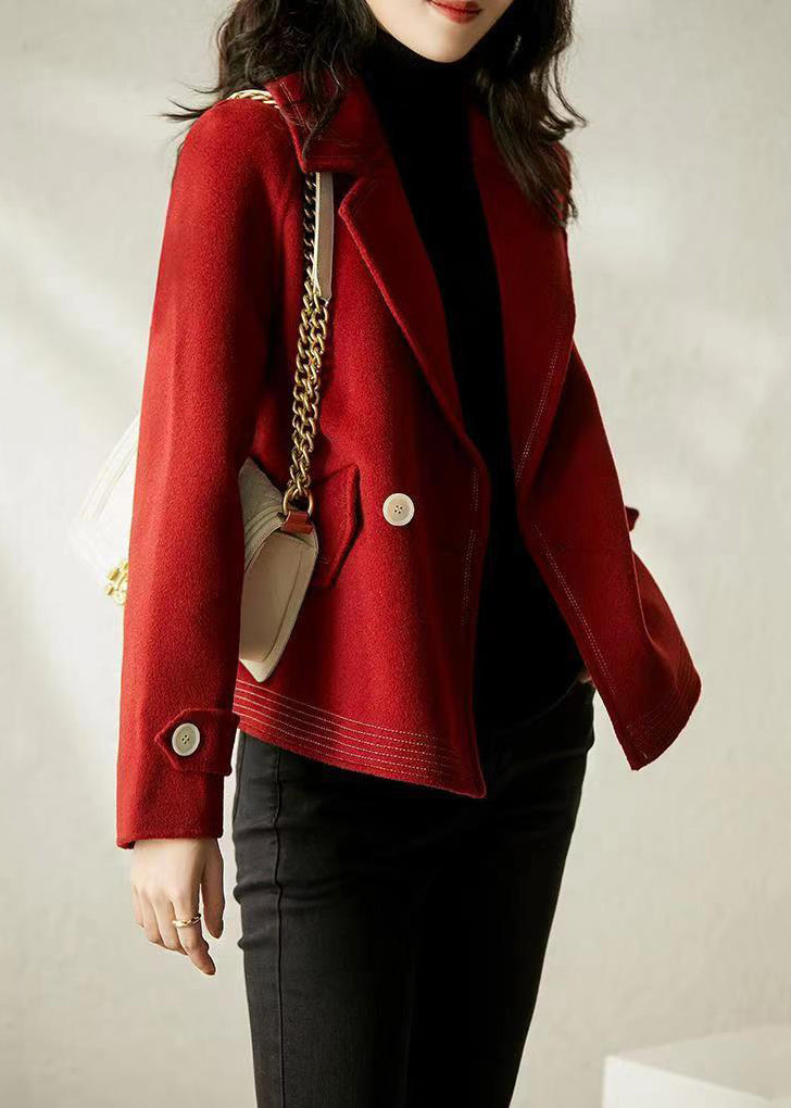 Elegant Wine Red Peter Pan Collar Button Patchwork Woolen Coats Fall