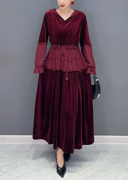 Elegant Wine Red Ruffled Lace Up Patchwork Velour Long Dresses Fall