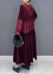 Elegant Wine Red Ruffled Lace Up Patchwork Velour Long Dresses Fall