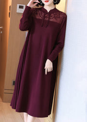 Elegant Wine Red Stand Collar Button Cotton Knit Dresses Spring