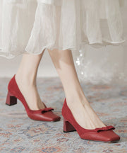 Elegant Wine Red Suede Bow Splicing Chunky Heel