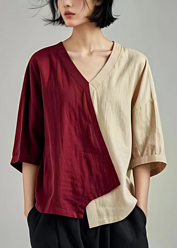 Elegant Wine Red V Neck Asymmetrical Linen Top Batwing Sleeve