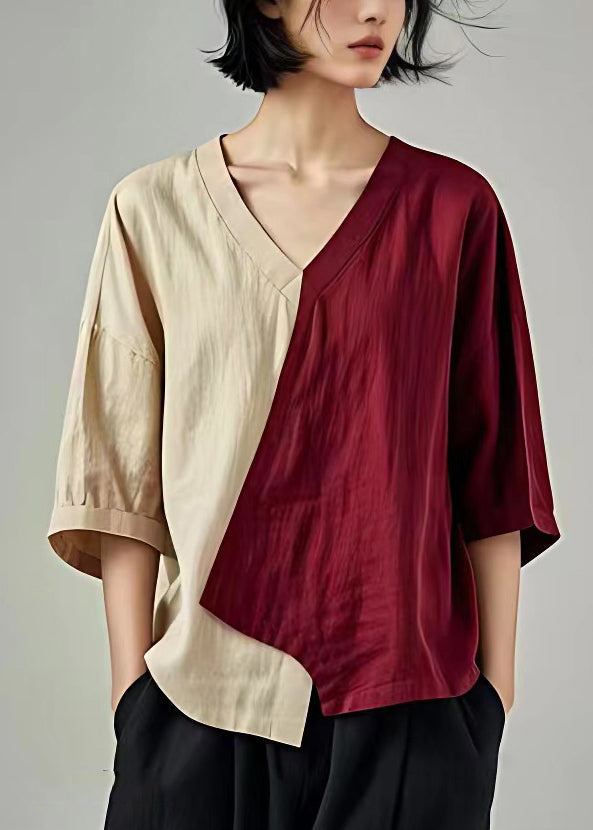 Elegant Wine Red V Neck Asymmetrical Linen Top Batwing Sleeve