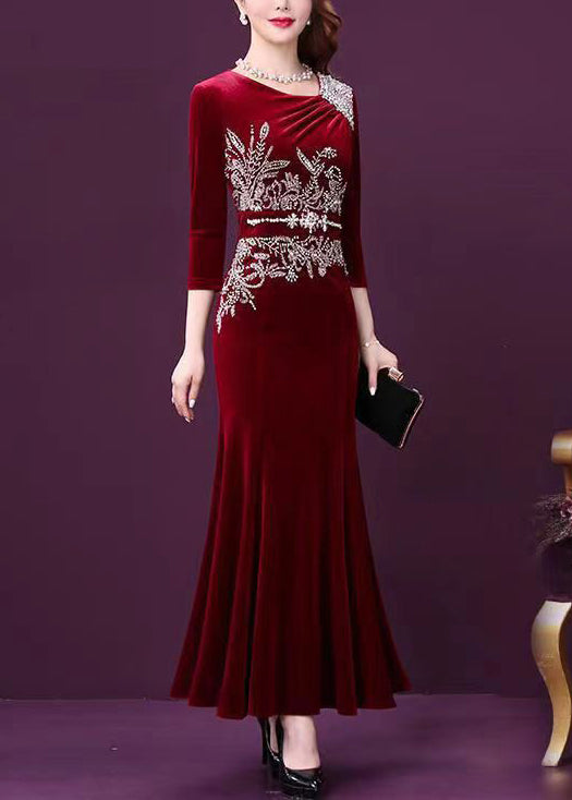 Elegant Wine Red Zircon Patchwork Silk Velour Fishtail Skirt Dress Half Sleeve