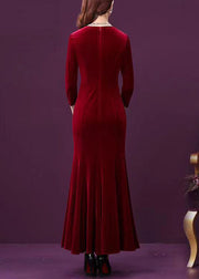 Elegant Wine Red Zircon Patchwork Silk Velour Fishtail Skirt Dress Half Sleeve