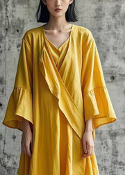 Elegant Yellow Asymmetrical Cotton Day Dress Fall