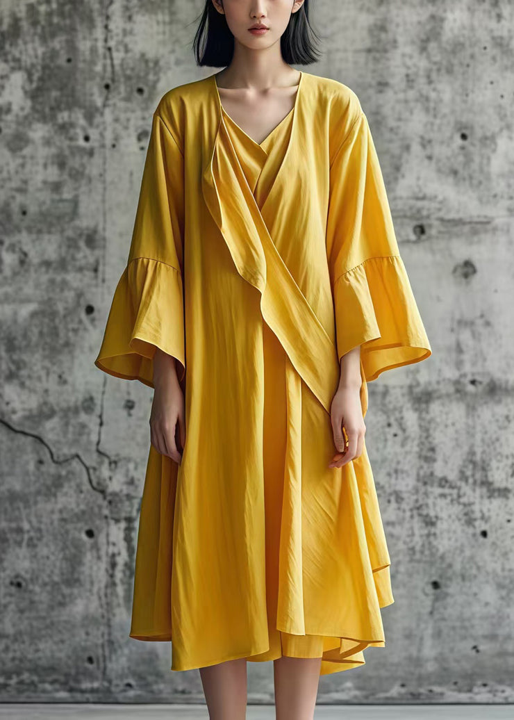 Elegant Yellow Asymmetrical Cotton Day Dress Fall