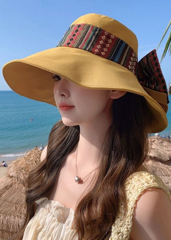 Elegant Yellow Bow Patchwork Cotton Floppy Sun Hat