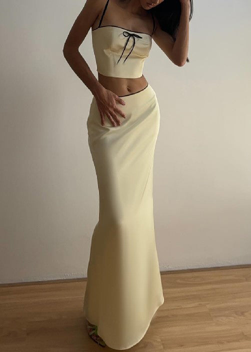 Elegant Yellow Bow Spaghetti Strap Tank And Skirts Silk Two Pieces Set Sleeveless