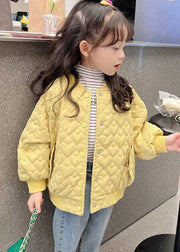 Elegant Yellow Button Print Pockets Cotton Filled Girls Coat Long Sleeve