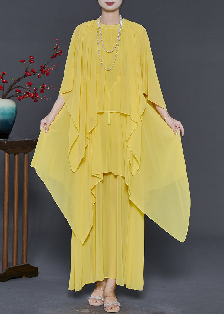 Elegant Yellow Chiffon Long Dresses Asymmetrical Design Summer