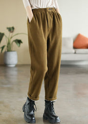 Elegant Yellow Elastic Waist Pockets Warm Fleece Corduroy Pants Winter