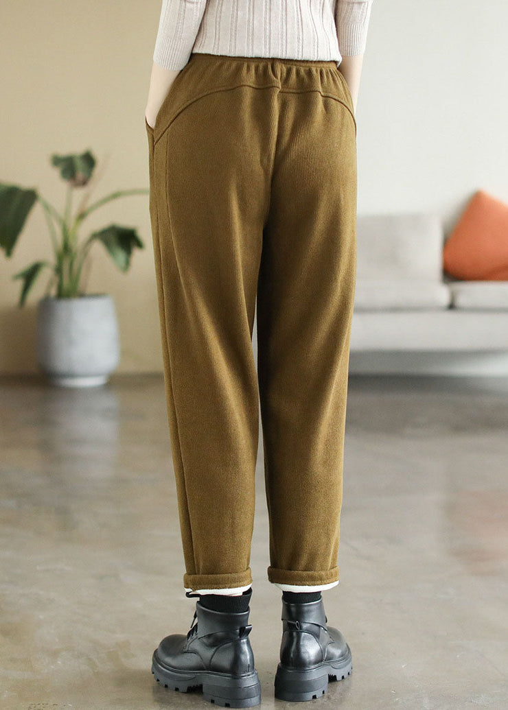 Elegant Yellow Elastic Waist Pockets Warm Fleece Corduroy Pants Winter