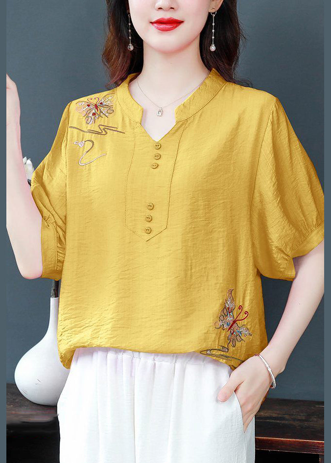 Elegant Yellow Embroidered Solid Cotton Blouse Summer