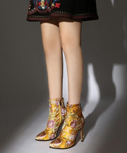 Elegant Yellow Embroidered Zippered Silk Velour High Heel Ankle Boots
