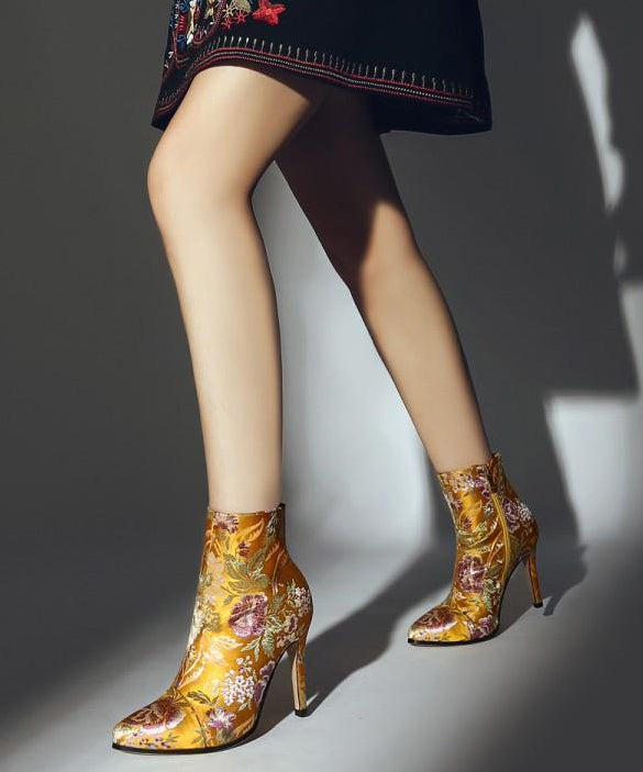 Elegant Yellow Embroidered Zippered Silk Velour High Heel Ankle Boots