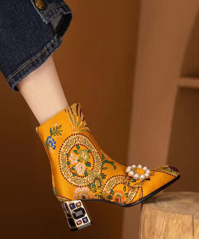 Elegant Yellow Embroidered Zircon Satin Chunky Ankle Boots