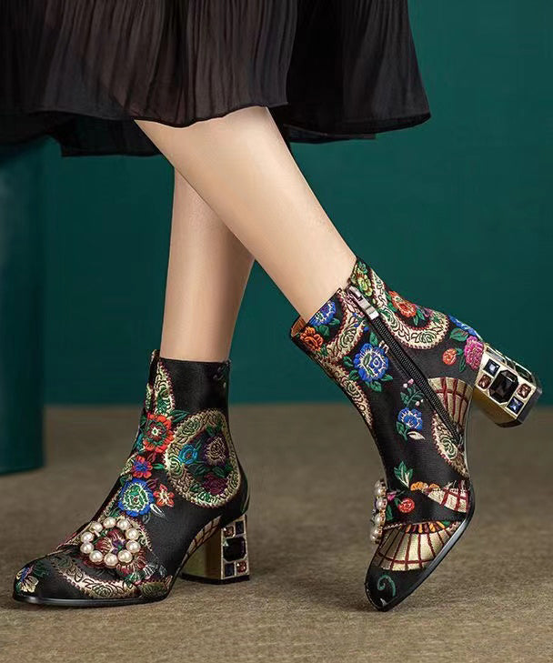 Elegant Yellow Embroidered Zircon Satin Chunky Ankle Boots