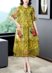 Elegant Yellow Embroideried Pockets Patchwork Tulle Dress Summer