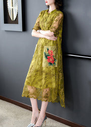 Elegant Yellow Embroideried Pockets Patchwork Tulle Dress Summer