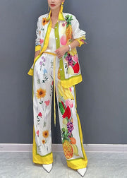 Elegant Yellow Fruit Print Button Shirts And Wide Leg Pants Two Piece Set Fall