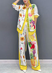 Elegant Yellow Fruit Print Button Shirts And Wide Leg Pants Two Piece Set Fall