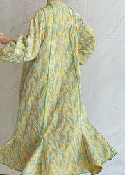 Elegant Yellow Green Embroidered Button Silk Maxi Dresses Fall