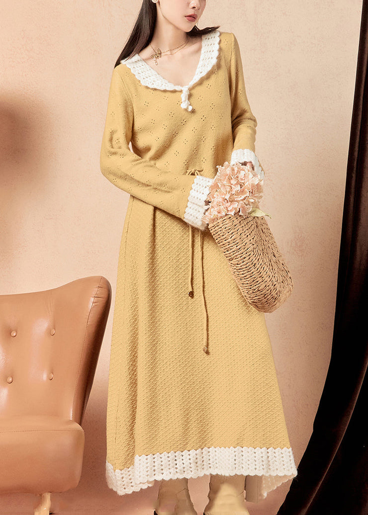 Elegant Yellow Hollow Out Lace Up Knit Long Dress Winter