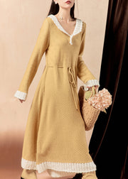 Elegant Yellow Hollow Out Lace Up Knit Long Dress Winter