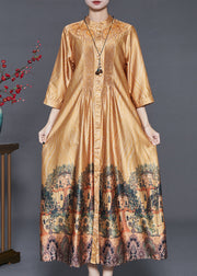 Elegant Yellow Hollow Out Print Wrinkled Silk Shirt Dresses Summer