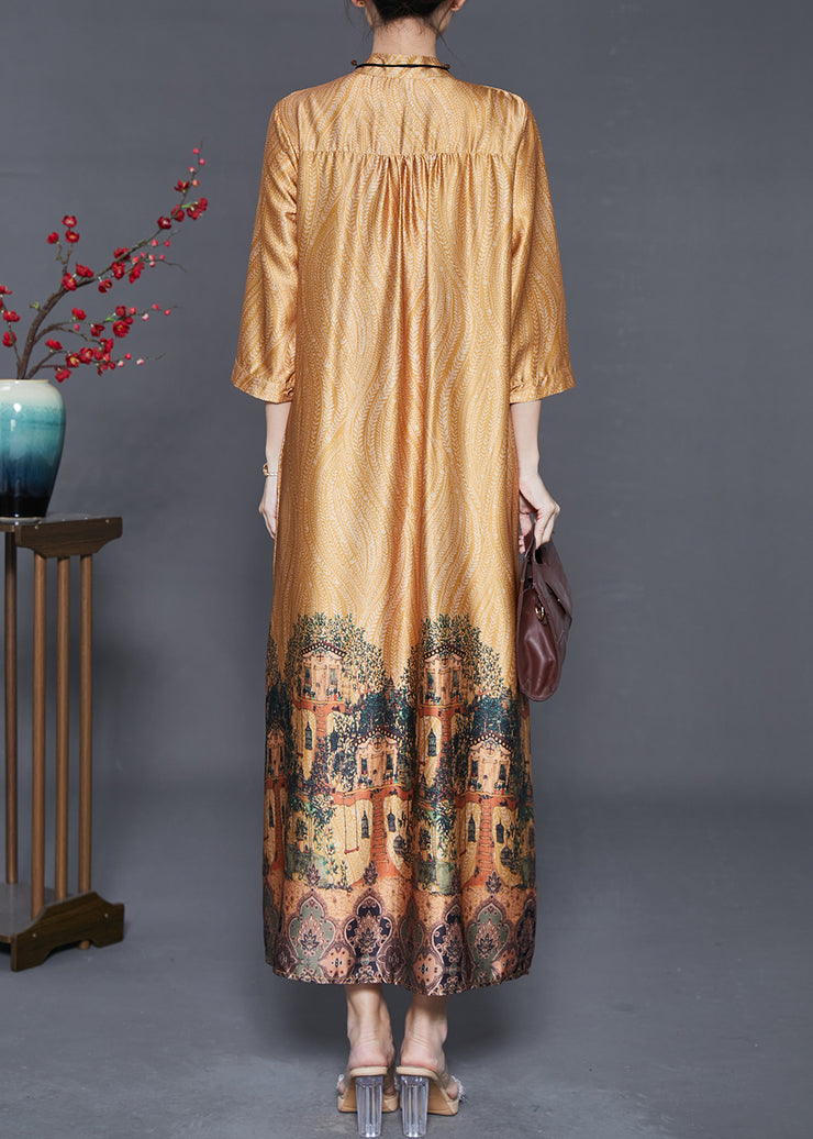 Elegant Yellow Hollow Out Print Wrinkled Silk Shirt Dresses Summer
