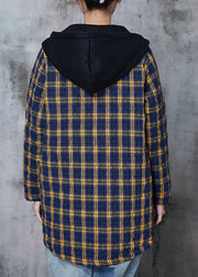 Elegant Yellow Hooded Plaid Fine Cotton Filled Coats Spring