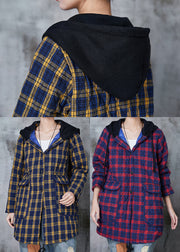 Elegant Yellow Hooded Plaid Fine Cotton Filled Coats Spring