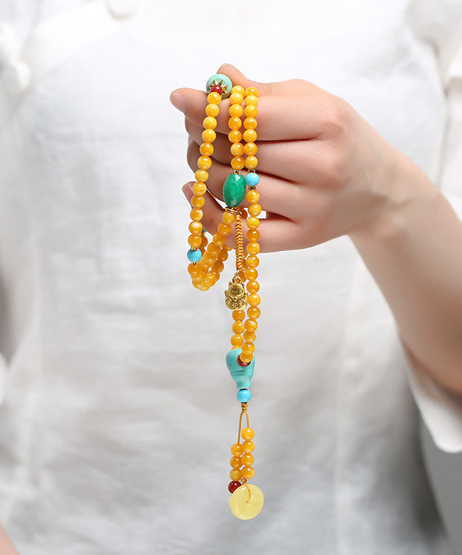 Elegant Yellow Jade Amber Beeswax Beading Tassel Pendant Necklace