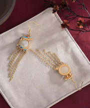 Elegant Yellow Jade Cloisonne Gem Stone Butterfly Tassel Drop Earrings