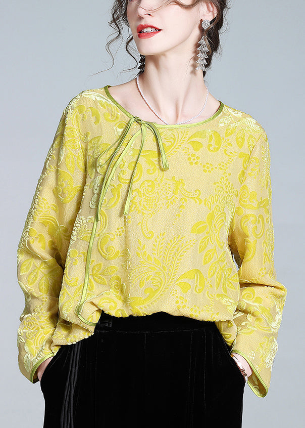 Elegant Yellow O-Neck Lace Up Silk Velour Tops Fall