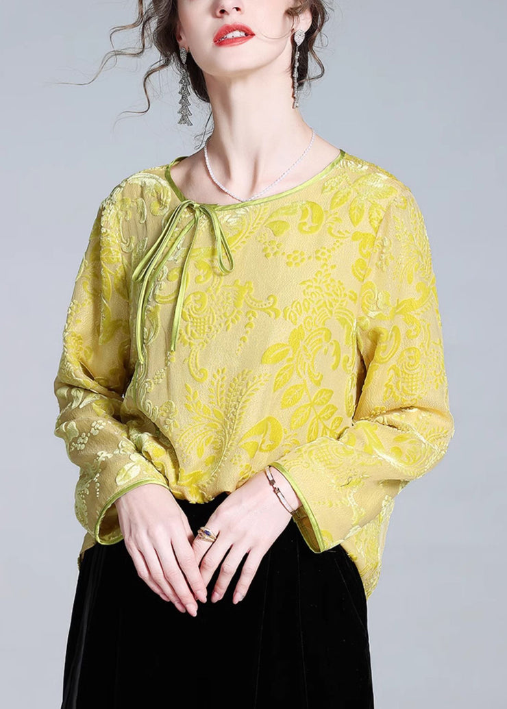 Elegant Yellow O-Neck Lace Up Silk Velour Tops Fall