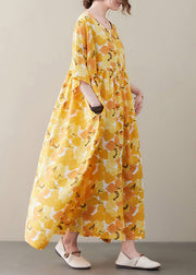 Elegant Yellow O-Neck Patchwork Cozy Long Dresses Short Sleeve