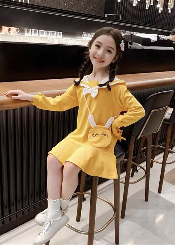 Elegant Yellow O-Neck Patchwork Girls A Line Mid Dress Long Sleeve